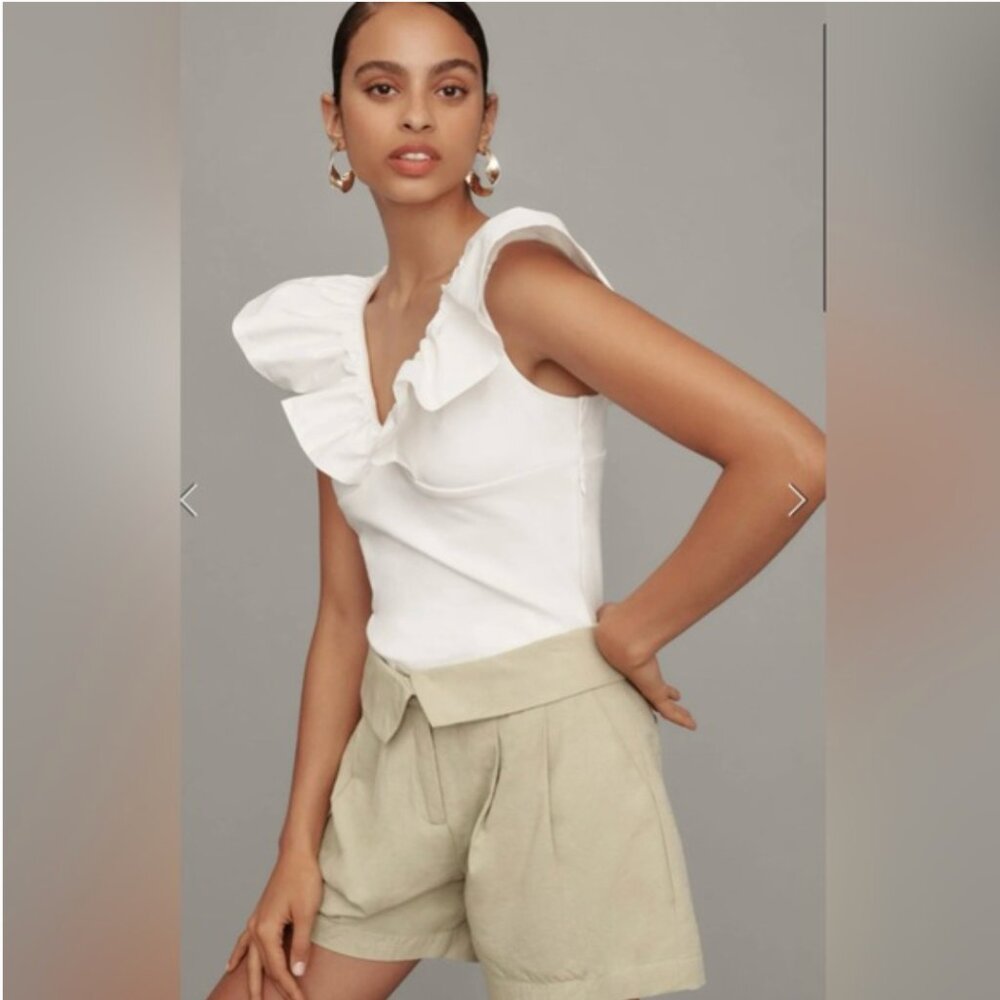 NWT Anthropologie | Dolan | White Knit Ruffle V-Neck Preppy Neutral Top, XL